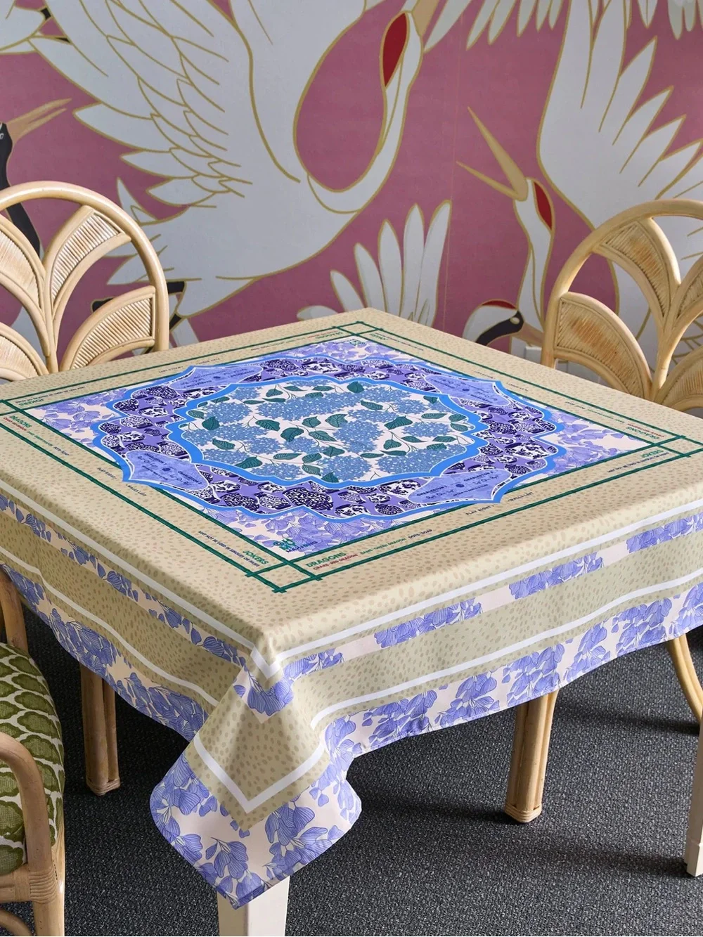 OhMyMahjong Flora Beige Mahjong Tablecloth with Blue Floral Border